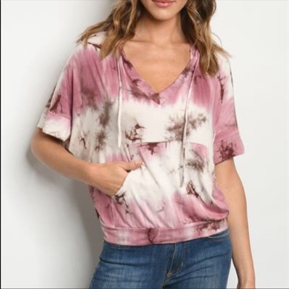 Mauve Tie Dye Crop Short sleeve Hoodie - Picture 1 of 4